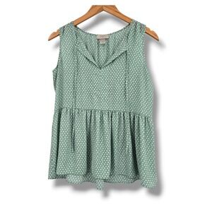 Loft Outlet Petite Sage Green Floral Peplum Sleeveless Tie Neck Blouse SP
